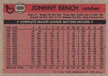 1981 Topps #600 Johnny Bench Back