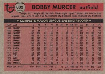 1981 Topps #602 Bobby Murcer Back