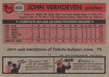 1981 Topps #603 John Verhoeven Back