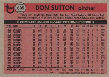 1981 Topps #605 Don Sutton Back