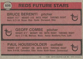 1981 Topps #606 Reds Future Stars (Bruce Berenyi / Geoff Combe / Paul Householder) Back
