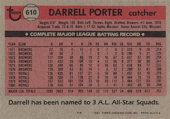 1981 Topps #610 Darrell Porter Back