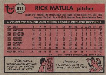 1981 Topps #611 Rick Matula Back