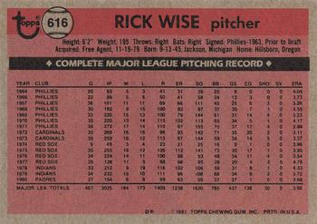 1981 Topps #616 Rick Wise Back