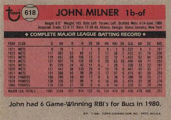 1981 Topps #618 John Milner Back