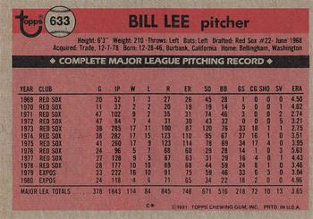 1981 Topps #633 Bill Lee Back