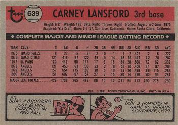 1981 Topps #639 Carney Lansford Back