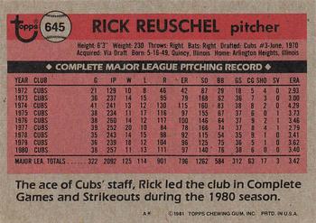 1981 Topps #645 Rick Reuschel Back