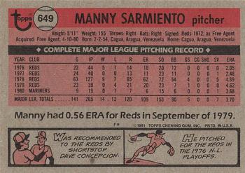 1981 Topps #649 Manny Sarmiento Back