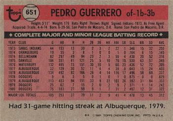1981 Topps #651 Pedro Guerrero Back