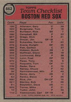 1981 Topps #662 Boston Red Sox / Ralph Houk Back