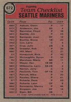 1981 Topps #672 Seattle Mariners / Maury Wills Back