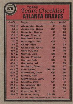 1981 Topps #675 Atlanta Braves / Bobby Cox Back