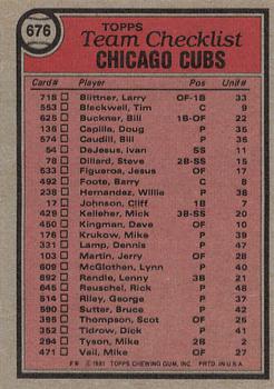 1981 Topps #676 Chicago Cubs / Joe Amalfitano Back
