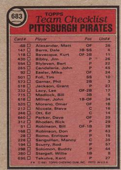 1981 Topps #683 Pittsburgh Pirates / Chuck Tanner Back