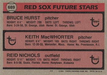 1981 Topps #689 Red Sox Future Stars (Bruce Hurst / Keith MacWhorter / Reid Nichols) Back