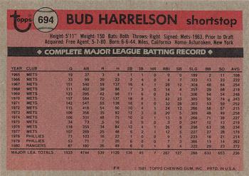 1981 Topps #694 Bud Harrelson Back
