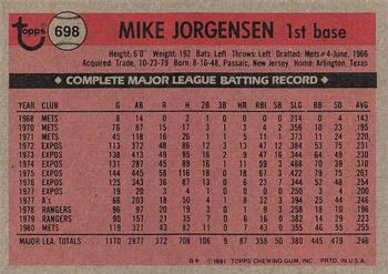 1981 Topps #698 Mike Jorgensen Back