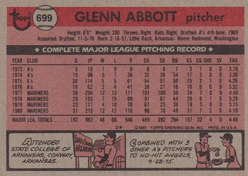 1981 Topps #699 Glenn Abbott Back