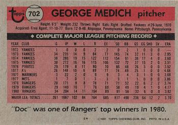 1981 Topps #702 George Medich Back