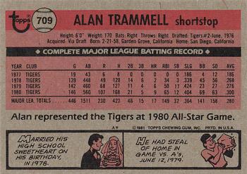 1981 Topps #709 Alan Trammell Back