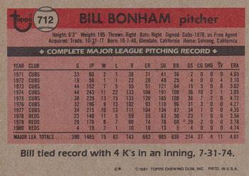 1981 Topps #712 Bill Bonham Back