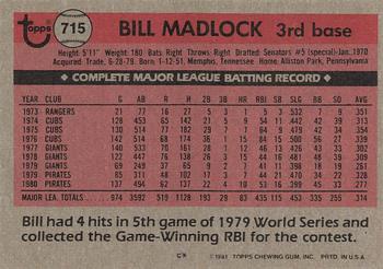 1981 Topps #715 Bill Madlock Back