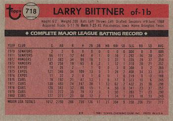 1981 Topps #718 Larry Biittner Back