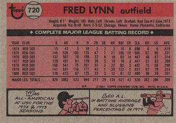 1981 Topps #720 Fred Lynn Back