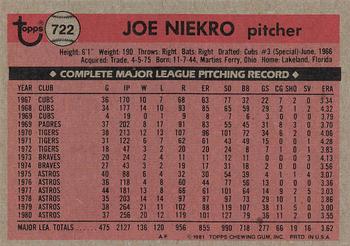 1981 Topps #722 Joe Niekro Back