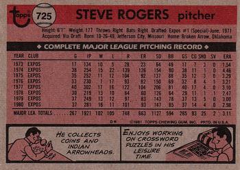 1981 Topps #725 Steve Rogers Back