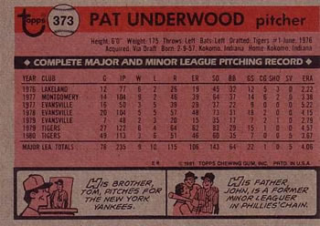 1981 Topps #373 Pat Underwood Back