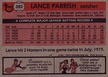 1981 Topps #392 Lance Parrish Back