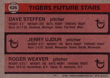 1981 Topps #626 Tigers Future Stars (Dave Steffen / Jerry Ujdur / Roger Weaver) Back