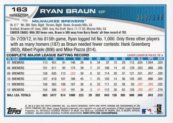 2013 Topps Chrome - Blue Refractors #163 Ryan Braun Back