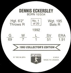 1993 Ben's Bakers Super Pitchers Discs #1 Dennis Eckersley Back
