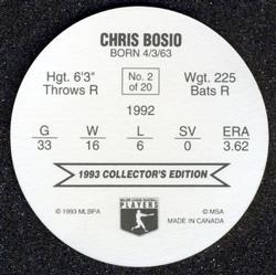 1993 Ben's Bakers Super Pitchers Discs #2 Chris Bosio Back