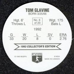 1993 Ben's Bakers Super Pitchers Discs #6 Tom Glavine Back