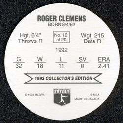 1993 Ben's Bakers Super Pitchers Discs #12 Roger Clemens Back