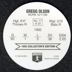 1993 Ben's Bakers Super Pitchers Discs #17 Gregg Olson Back