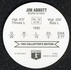1993 Ben's Bakers Super Pitchers Discs #18 Jim Abbott Back