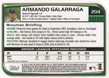 2008 Bowman Chrome #204 Armando Galarraga Back
