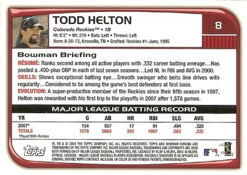 2008 Bowman Chrome #8 Todd Helton Back