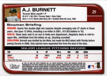 2008 Bowman Chrome #21 A.J. Burnett Back