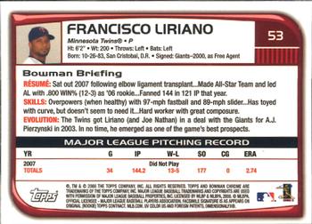 2008 Bowman Chrome #53 Francisco Liriano Back