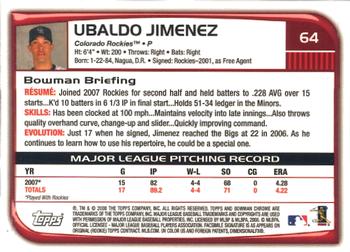 2008 Bowman Chrome #64 Ubaldo Jimenez Back