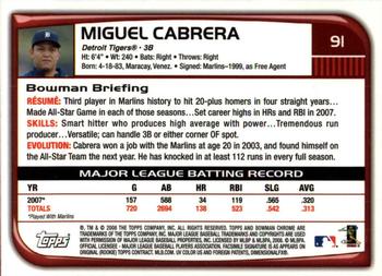 2008 Bowman Chrome #91 Miguel Cabrera Back