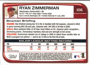 2008 Bowman Chrome #106 Ryan Zimmerman Back