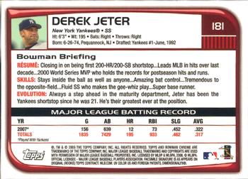 2008 Bowman Chrome #181 Derek Jeter Back