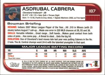 2008 Bowman Chrome #187 Asdrubal Cabrera Back